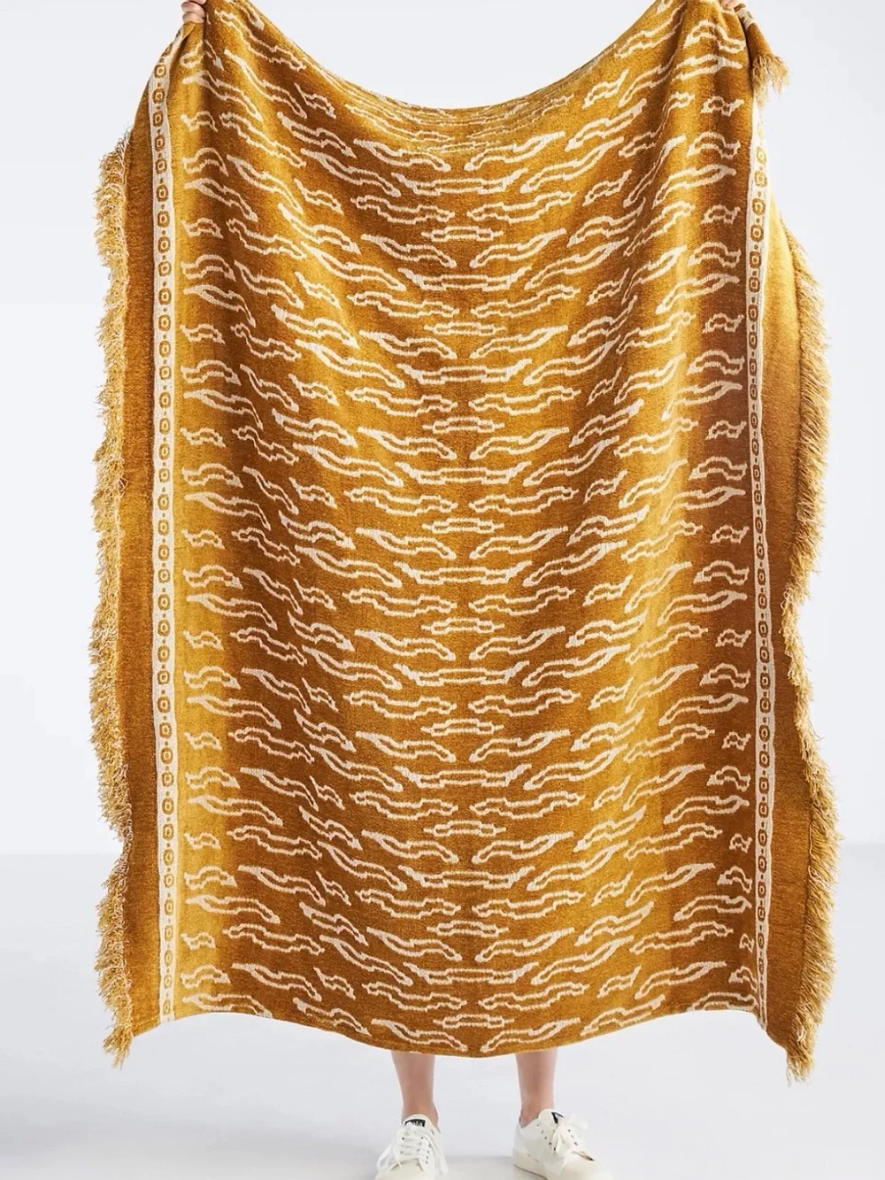 Anthropologie Golden Yellow Fringe Throw